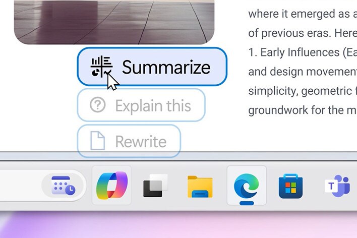 L'image montre un curseur survolant un bouton "Résumer" dans une interface d'assistant numérique. En dessous se trouvent des options telles que "Expliquer ceci" et "Réécrire".