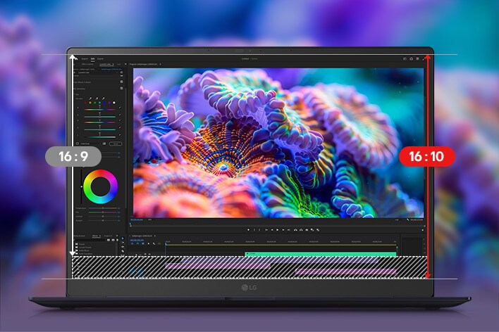 Un ordinateur portable présentant une interface de montage vidéo avec un projet de conception coloré à l'écran. Une animation mettant en évidence la transition d'un format 16:9 à un format 16:10, soulignant l'espace vertical supplémentaire fourni par le ratio 16:10.