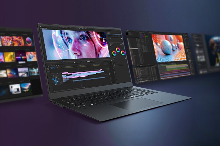 Un élégant ordinateur portable est présenté avec une interface de montage vidéo dynamique sur son écran, entouré d’écrans supplémentaires affichant divers flux de travail créatifs.