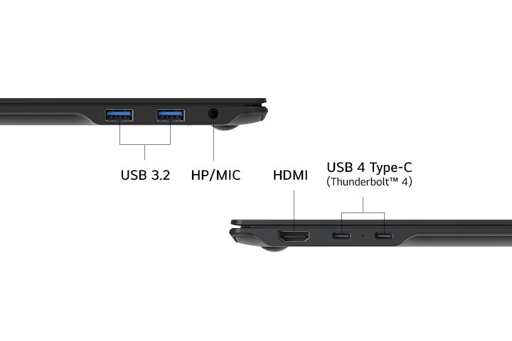 Une vue latérale d'un ordinateur portable mettant en avant ses ports, y compris USB 3.2, prise combinée casque/microphone (HP/MIC), HDMI, et USB 4 Type-C (Thunderbolt™ 4). La disposition épurée met en valeur les options de connectivité polyvalentes.
