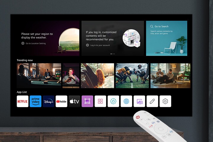 Image d’une interface utilisateur webOS et d’une télécommande.
