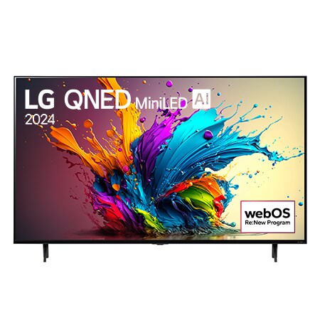 Vue avant du téléviseur intelligent 4K LG QNED MiniLED AI QNED90 de 65 pouces 2024 modèle 65QNED90TUA, affichant le logo du programme webOS Re:New à l’écran avec socle à 2 pôles.