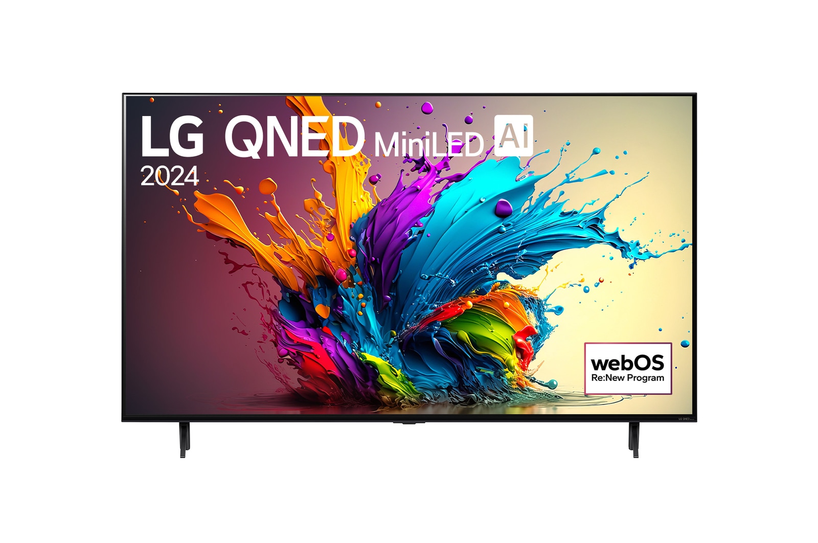 Vue avant du téléviseur intelligent 4K LG QNED MiniLED AI QNED90 de 65 pouces 2024 modèle 65QNED90TUA, affichant le logo du programme webOS Re:New à l’écran avec socle à 2 pôles.