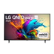 Vue avant du téléviseur intelligent 4K LG QNED MiniLED AI QNED90 de 65 pouces 2024 modèle 65QNED90TUA, affichant le logo du programme webOS Re:New à l’écran avec socle à 2 pôles.