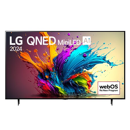 Vue avant du téléviseur intelligent 4K LG QNED MiniLED AI QNED90 de 75 pouces 2024 modèle 75QNED90TUA, affichant le logo du programme webOS Re:New à l’écran avec socle à 2 pôles.