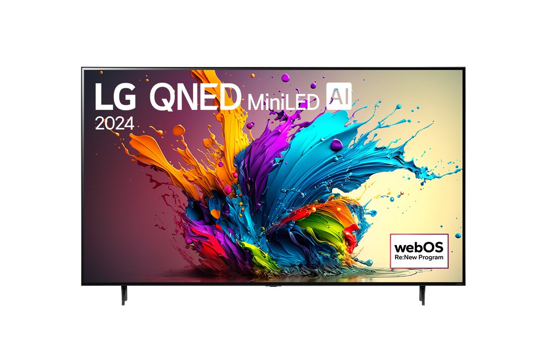 Vue avant du téléviseur intelligent 4K LG QNED MiniLED AI QNED90 de 75 pouces 2024 modèle 75QNED90TUA, affichant le logo du programme webOS Re:New à l’écran avec socle à 2 pôles.