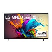 Vue avant du téléviseur intelligent 4K LG QNED MiniLED AI QNED90 de 75 pouces 2024 modèle 75QNED90TUA, affichant le logo du programme webOS Re:New à l’écran avec socle à 2 pôles.