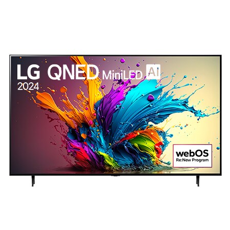 Vue avant du téléviseur intelligent 4K LG QNED MiniLED AI QNED90 de 86 pouces 2024 modèle 86QNED90TUA, affichant le logo du programme webOS Re:New à l’écran avec socle à 2 pôles.