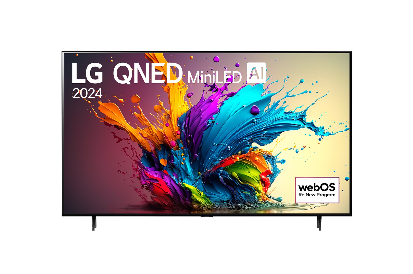 Vue avant du téléviseur intelligent 4K LG QNED MiniLED AI QNED90 de 86 pouces 2024 modèle 86QNED90TUA, affichant le logo du programme webOS Re:New à l’écran avec socle à 2 pôles.