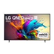 Vue avant du téléviseur intelligent 4K LG QNED MiniLED AI QNED90 de 86 pouces 2024 modèle 86QNED90TUA, affichant le logo du programme webOS Re:New à l’écran avec socle à 2 pôles.