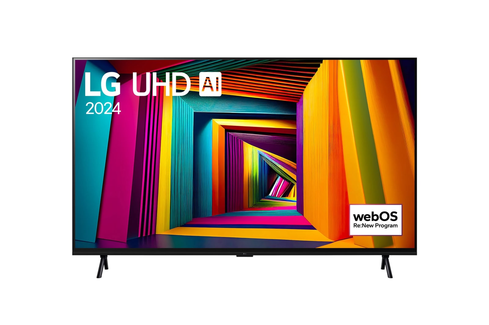 Vue avant du téléviseur LG UHD, UT80 avec le texte de LG UHD AI ThinQ, 2024, et le logo webOS Re:New Program à l'écran.
