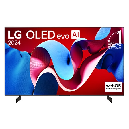 Vue avant du téléviseur intelligent 4K LG OLED evo C4 de 42 pouces, modèle OLED42C4PUA, affichant l’emblème OLED numéro 1 mondial depuis 11 ans et le logo du programme webOS Re:New à l’écran.