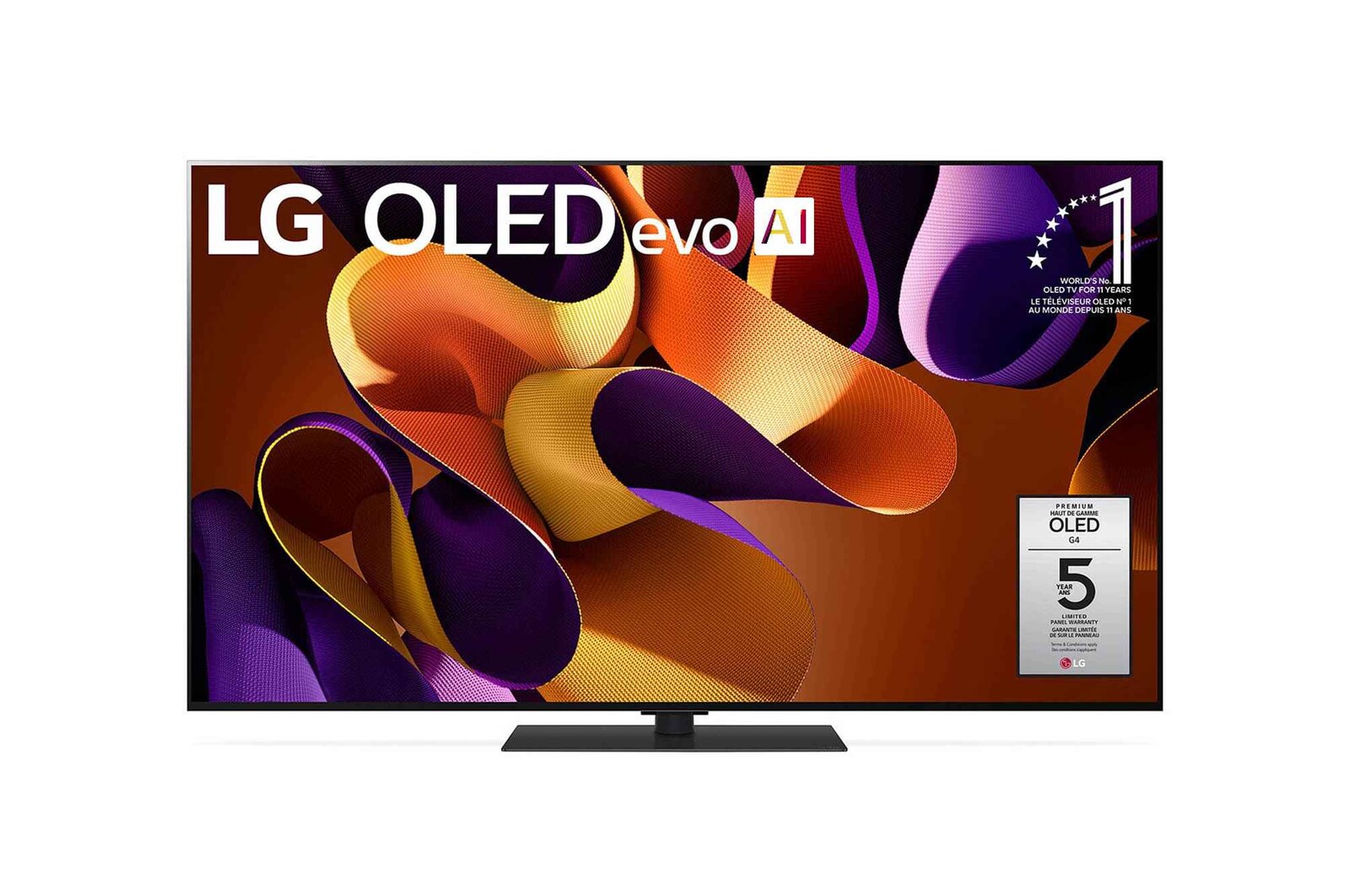 Vue avant du téléviseur intelligent 4K LG OLED evo AI G4 de 55 pouces 2024 modèle OLED55G4SUB, affichant emblème de la marque de téléviseurs OLED la plus populaire au monde depuis 11 ans et logo de la garantie de cinq ans du panneau à l'écran