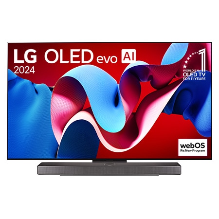 Vue avant du téléviseur intelligent 4K LG OLED evo C4 de 65 pouces, modèle OLED65C4PUA, affichant l’emblème OLED numéro 1 mondial depuis 11 ans et le logo du programme webOS Re:New à l’écran.