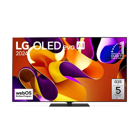 Vue avant du téléviseur intelligent 4K LG OLED evo AI G4 de 65 pouces 2024 modèle OLED65G4SUB, affichant emblème de la marque de téléviseurs OLED la plus populaire au monde depuis 11 ans, logo de la garantie de cinq ans du panneau à l'écran et le logo du programme webOS Re:New à l’écran.