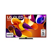 Vue avant du téléviseur intelligent 4K LG OLED evo AI G4 de 65 pouces 2024 modèle OLED65G4SUB, affichant emblème de la marque de téléviseurs OLED la plus populaire au monde depuis 11 ans, logo de la garantie de cinq ans du panneau à l'écran et le logo du programme webOS Re:New à l’écran.