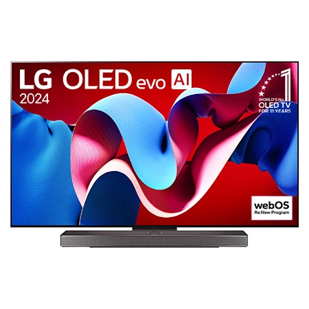 Vue avant du téléviseur intelligent 4K LG OLED evo C4 de 77 pouces, modèle OLED77C4PUA, affichant l’emblème OLED numéro 1 mondial depuis 11 ans et le logo du programme webOS Re:New à l’écran.