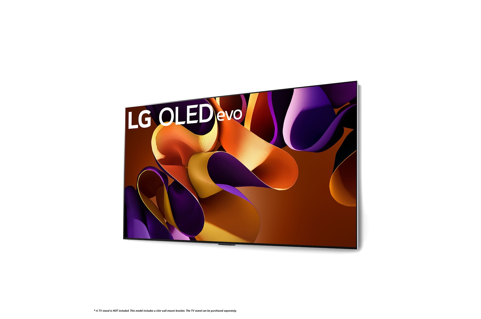 Vue latérale gauche légèrement inclinée du téléviseur OLED evo de LG, OLED G4, sur le mur