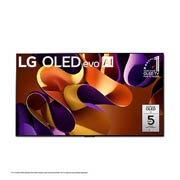 Vue avant du téléviseur intelligent 4K LG OLED evo AI G4 de 77 pouces 2024 modèle OLED77G4WUA, affichant emblème de la marque de téléviseurs OLED la plus populaire au monde depuis 11 ans et logo de la garantie de cinq ans du panneau à l'écran