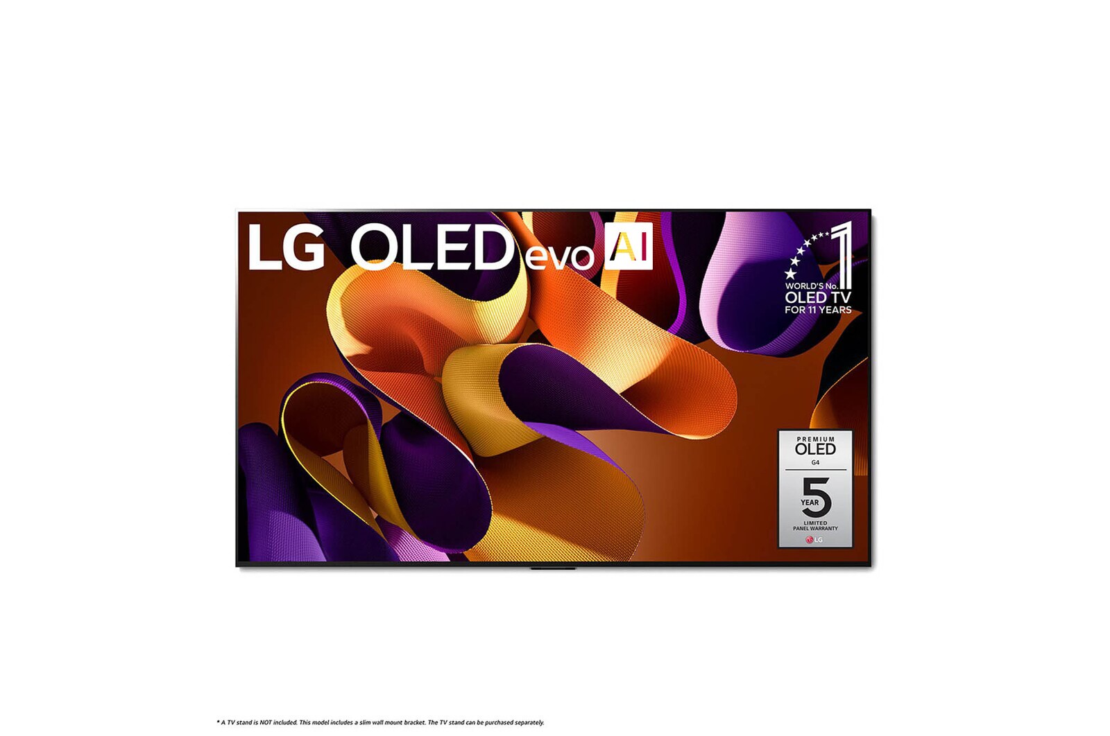 Vue avant du téléviseur intelligent 4K LG OLED evo AI G4 de 77 pouces 2024 modèle OLED77G4WUA, affichant emblème de la marque de téléviseurs OLED la plus populaire au monde depuis 11 ans et logo de la garantie de cinq ans du panneau à l'écran