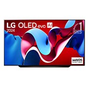 Vue avant du téléviseur intelligent 4K LG OLED evo C4 de 83 pouces, modèle OLED83C4PUA, affichant l’emblème OLED numéro 1 mondial depuis 11 ans et le logo du programme webOS Re:New à l’écran.