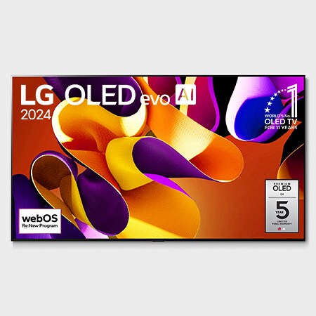 Vue avant du téléviseur intelligent 4K LG OLED evo AI G4 de 97 pouces 2024 modèle OLED97G4WUA, affichant emblème de la marque de téléviseurs OLED la plus populaire au monde depuis 11 ans, logo de la garantie de cinq ans du panneau à l'écran et le logo du programme webOS Re:New à l’écran.