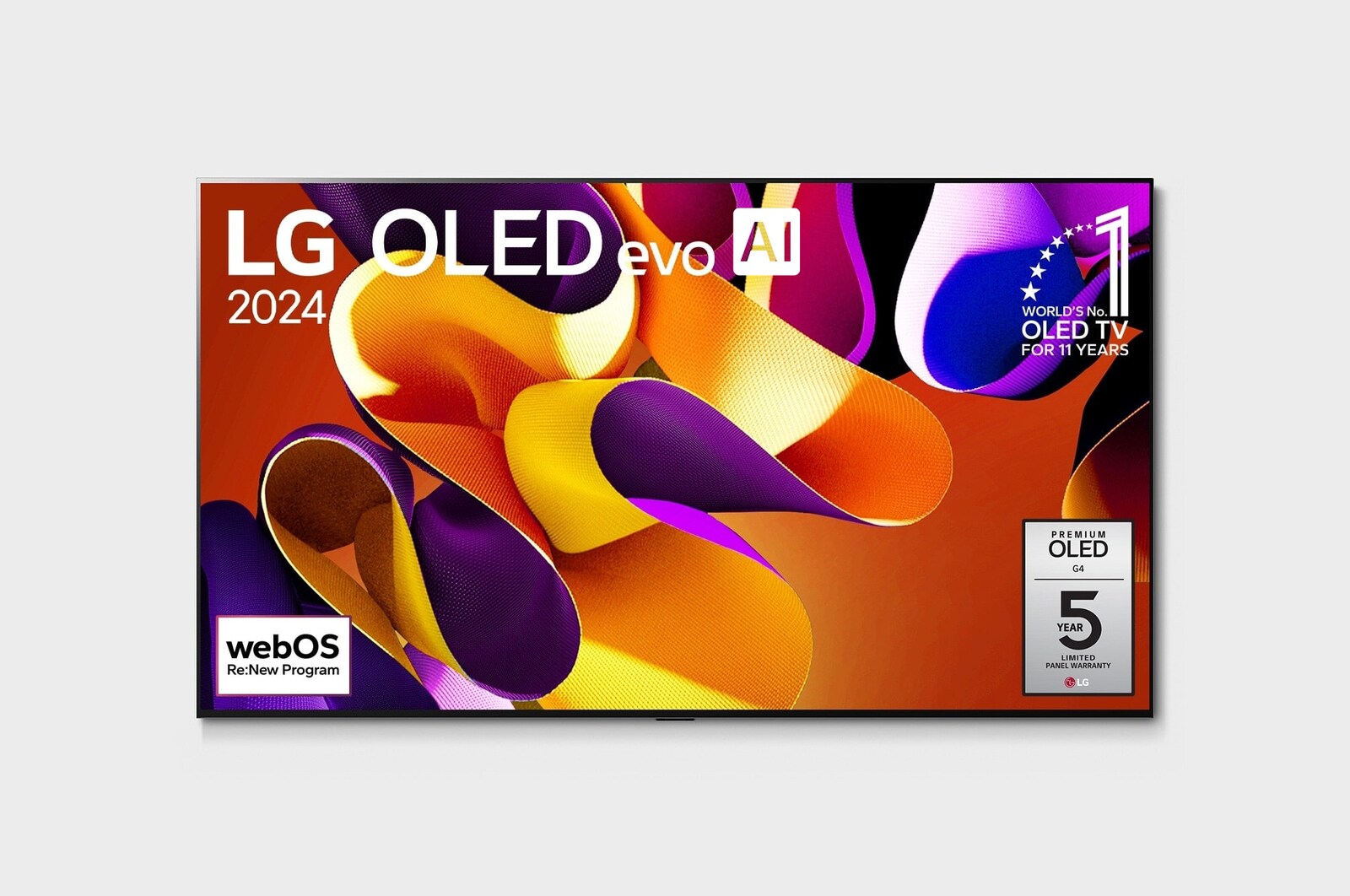 Vue avant du téléviseur intelligent 4K LG OLED evo AI G4 de 97 pouces 2024 modèle OLED97G4WUA, affichant emblème de la marque de téléviseurs OLED la plus populaire au monde depuis 11 ans, logo de la garantie de cinq ans du panneau à l'écran et le logo du programme webOS Re:New à l’écran.