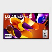 Vue avant du téléviseur intelligent 4K LG OLED evo AI G4 de 97 pouces 2024 modèle OLED97G4WUA, affichant emblème de la marque de téléviseurs OLED la plus populaire au monde depuis 11 ans, logo de la garantie de cinq ans du panneau à l'écran et le logo du programme webOS Re:New à l’écran.