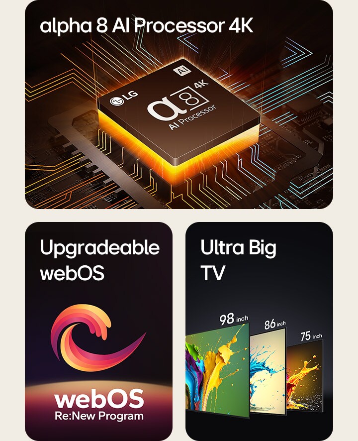 Le processeur alpha 8 IA 4K est représenté avec une lumière orange émanant du dessous. Une spirale rouge, jaune et violette apparaît entre les mentions « Upgradeable webOS » (mise à niveau du webOS) et « webOS Re:New Program » (programme webOS Re:New). Les téléviseurs QNED89, QNED90 et QNED99 de LG sont présentés dans l’ordre, de gauche à droite. Chaque téléviseur est orné d’une touche de couleur et les mots « Ultra Big TV » (très grand téléviseur) sont affichés au-dessus.