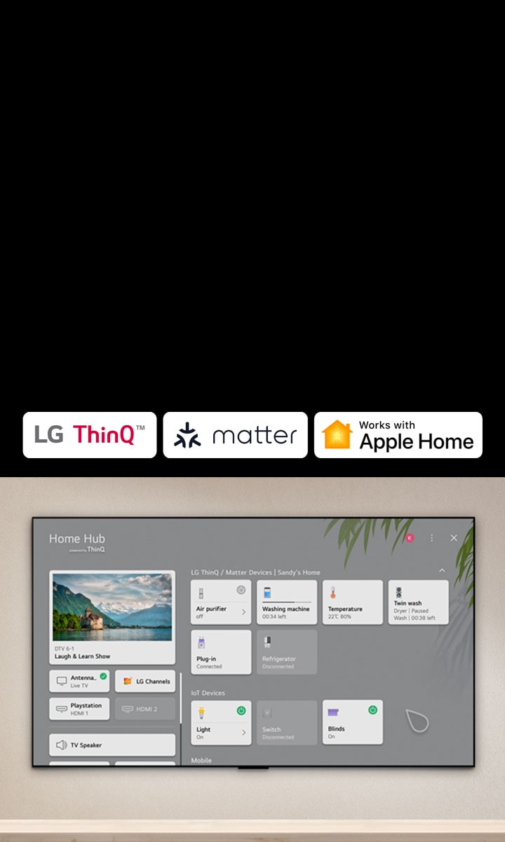 Les logos LG ThinQMC, Matter et Apple Home sont affichés. Un téléviseur de LG est fixé sur un mur, et un purificateur d’air PuriCareMC de la gamme Objet Collection 360° de LG est sur la gauche. Le téléviseur affiche la Plateforme pour maison intelligente, et le curseur clique sur la tuile du purificateur d’air. Le purificateur d’air PuriCareMC de la gamme Objet Collection 360° de LG s’active.