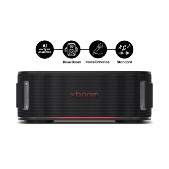 Haut-parleur LG XBOOM avec modes sonores IA, incluant Bass Boost, Voice Enhance et Standard.