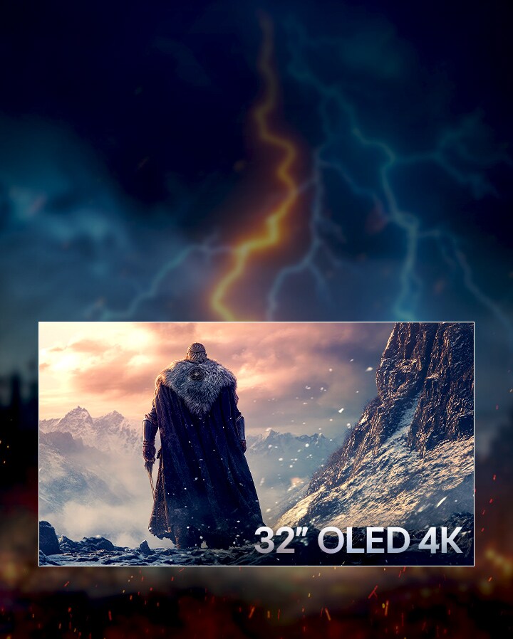 Une scène dramatique de jeu fantastique mettant en scène un guerrier capuché devant une chaîne de montagnes enneigée, avec le texte 32" OLED 4K en bas à droite.