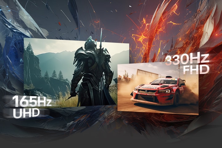 Un chevalier et une voiture de course illustrant le 165 Hz WQHD et le 330 Hz WFHD.