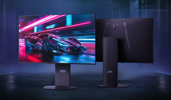 Vue avant et arrière du moniteur gaming UltraGear™ 32GX850A, affichant une scène de course futuriste à l’écran.