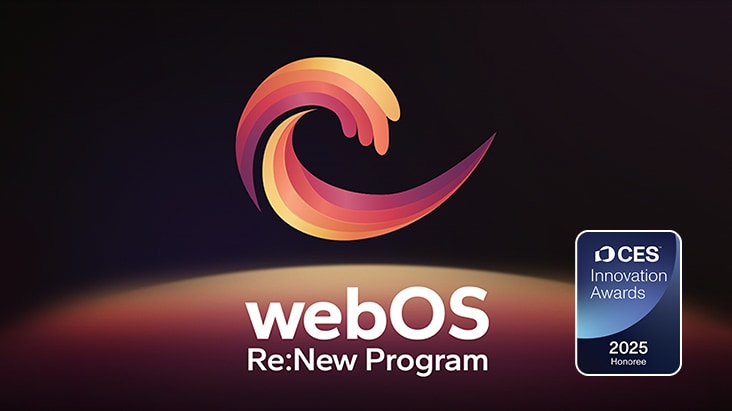Graphique promotionnel pour le programme webOS Re:New, présentant son logo coloré et le badge CES 2025 Innovation Award. Le texte met en avant les mises à niveau annuelles pendant 5 ans et la sécurité renforcée grâce à webOS.