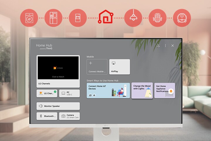 L’écran du LG Smart Monitor affiche l’interface du ThinQ Home Dashboard.