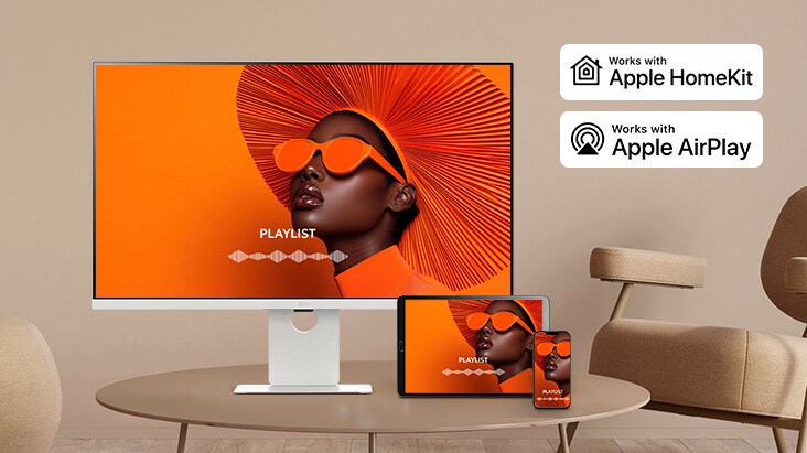 Le même écran est partagé sur un LG Smart Monitor, un ordinateur portable, une tablette et un smartphone en utilisant AirPlay 2 et Partage d’écran.