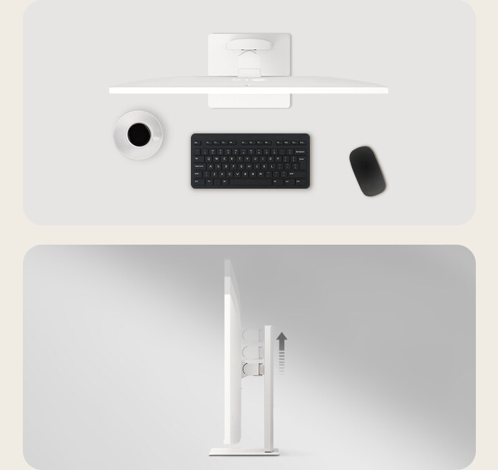 LG Smart Monitor sur un bureau avec clavier, souris et tasse de café vus de dessus, présenté à côté d’une vue latérale mettant en évidence le réglage en hauteur