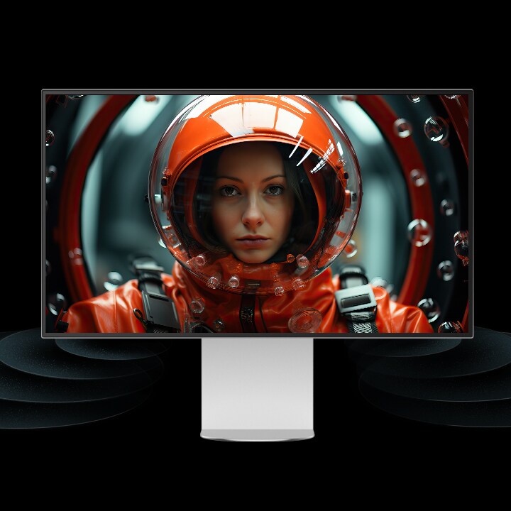 Un moniteur UltraFine™ est placé dans un espace virtuel, avec des ondes sonores émanant de la partie inférieure de l’écran et se projetant vers l’avant. Sur l’écran, une femme en combinaison spatiale rouge fait face à l’observateur.