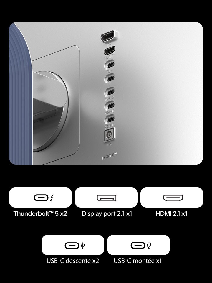 Image en gros plan des ports du moniteur UltraFine™ montrant les différentes options de connectivité par câble.