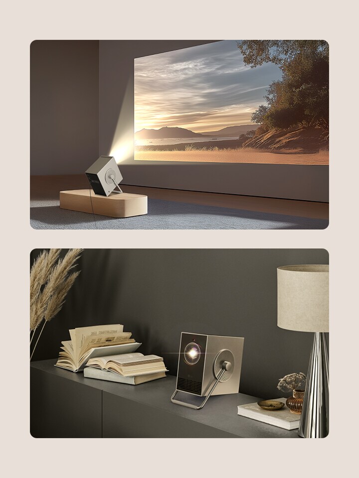 Des projecteurs CineBeam sont placés sur le bureau et le canapé.