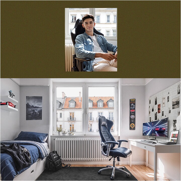 Configuration de chambre d'étudiant avec bureau et lit; personne souriante sur le côté.