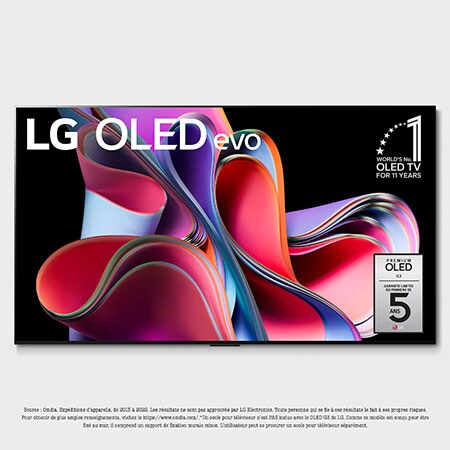 Vue de face avec LG OLED evo, Symbole OLED nº1 au monde depuis 10 ans et Garantie de panneau de 5 ans à l’écran