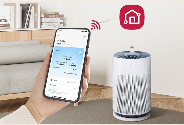 A person controls the product remotely by LG ThinQ®