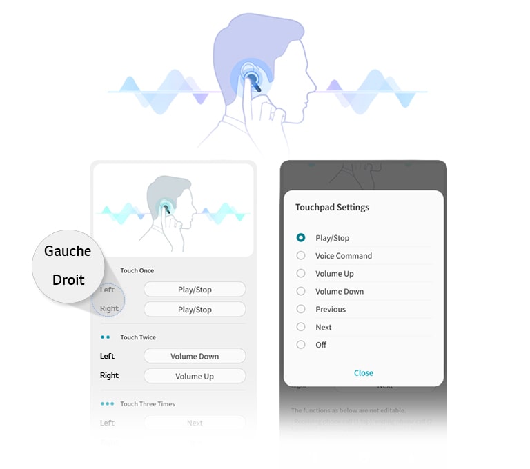 Illustration de la vue de côté d’un homme qui touche les écouteurs de son oreille. Les écrans de l’interface utilisateur de l’appli montrent que les gens peuvent régler les paramètres du pavé tactile pour les écouteurs gauche et droit.
