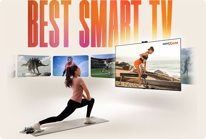 Les mots « BEST SMART TV » (MEILLEUR TÉLÉVISEUR SMART) dans un motif dégradé orange-jaune au-dessus d’une femme faisant de l’exercice sur un tapis devant un LG TV. Diverses autres chaînes sont affichées sur le côté de la LG TV dans des graphiques rectangulaires arrondis. 