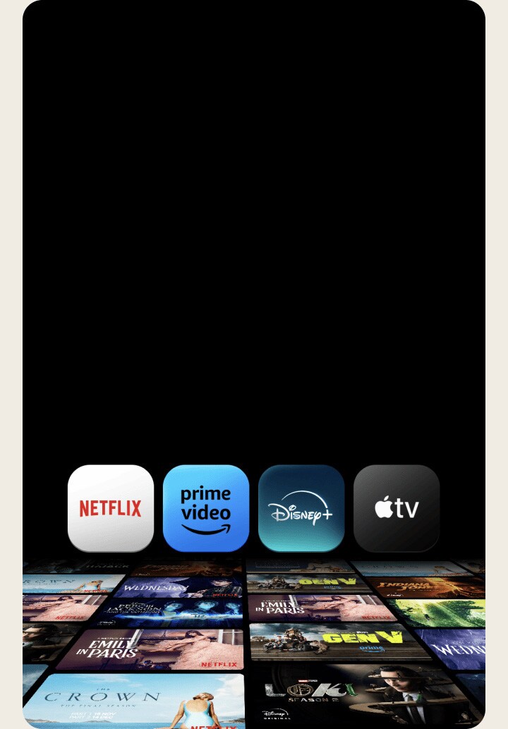 Les vignettes des émissions télévisées s’affichent à plat sur l’écran, sur fond noir, et les logos suivants se trouvent au-dessus : Netflix, Prime Video, Disney+, Apple TV.