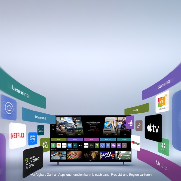 LG Smart TV zeigt einen webOS-Startbildschirm mit Entertainment-Apps und LG Channels UI-Elementen, die sich dynamisch nach außen ausdehnen und globale Apps und Kanäle hervorheben.