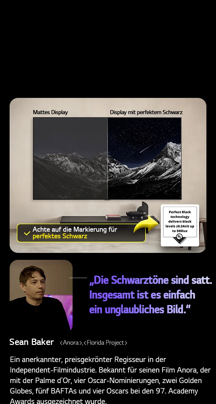 An der Wand befestigter LG OLED TV. Auf dem Bildschirm ist eine Bergkette vor einem Abendhimmel voller Sterne zu sehen. Der Bildschirm ist in zwei Hälften geteilt. Auf der einen Seite, die als „Display mit nicht perfektem Schwarz“ bezeichnet wird, sind die Farben matt und grau, die Sterne sind kaum sichtbar. Auf der anderen Seite, die als „Display mit perfektem Schwarz“ bezeichnet wird, sind die Schwarztöne tief und dunkel, die Sterne hell und weiß, was zu einem sehr ansprechenden Bild mit hohem Kontrast führt.