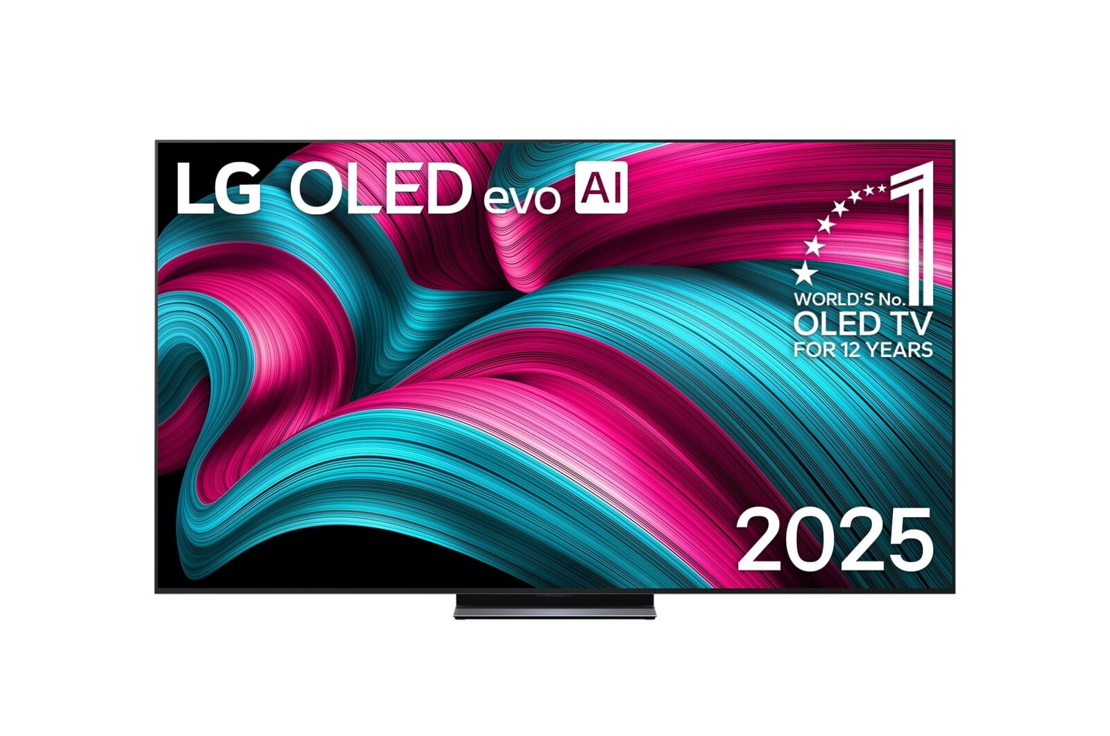 Frontansicht des LG OLED evo AI C5 4K Smart TV. Ein "12 Years of world number 1 OLED"-Emblem und das "LG OLED AI 2025"-Logo sind auf dem Bildschirm zu sehen.